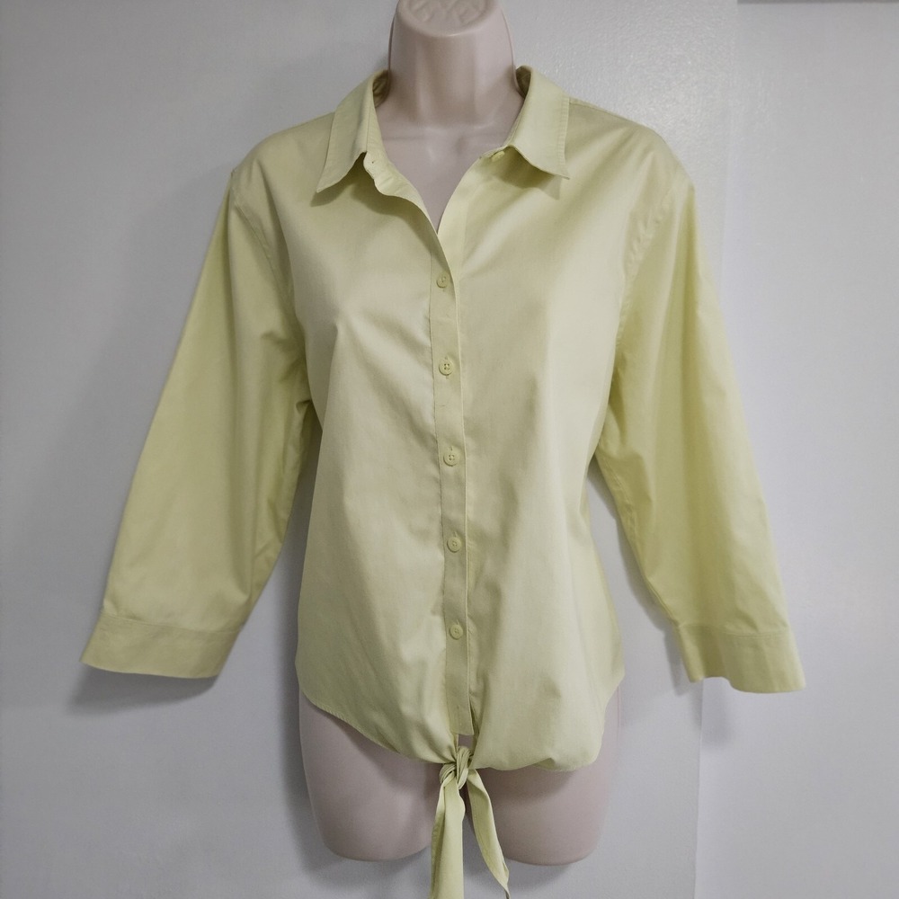 Chico's Size 2 (L) Green 100% Cotton Wrinkle Resistant Blouse w/ Tie Front
